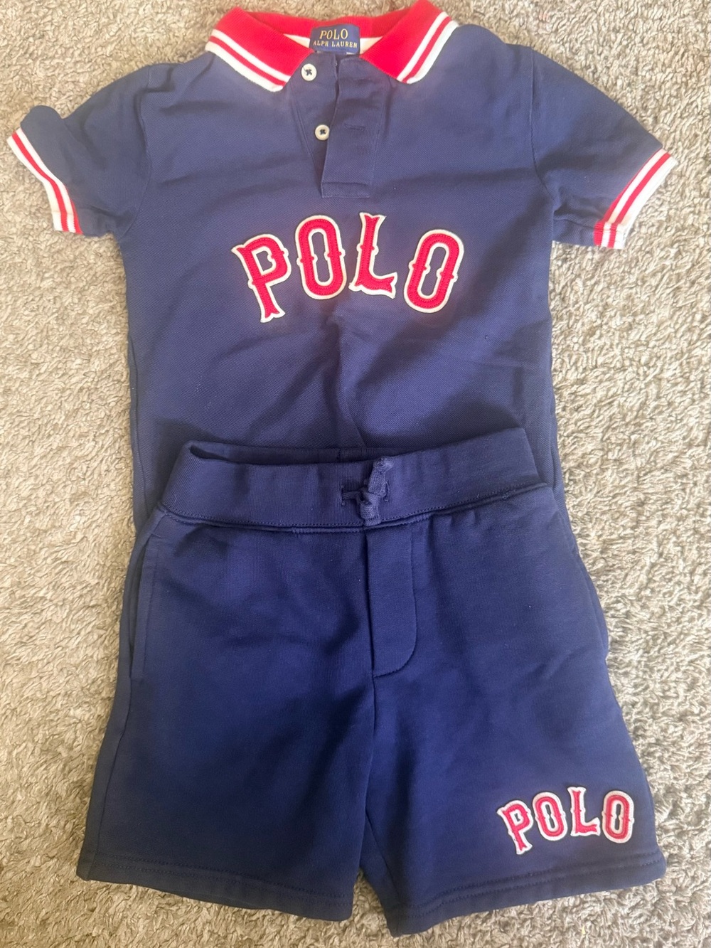 5T. Two-piece - Polo by Ralph Lauren Navy Polo Shirt and Shorts with Red Trim